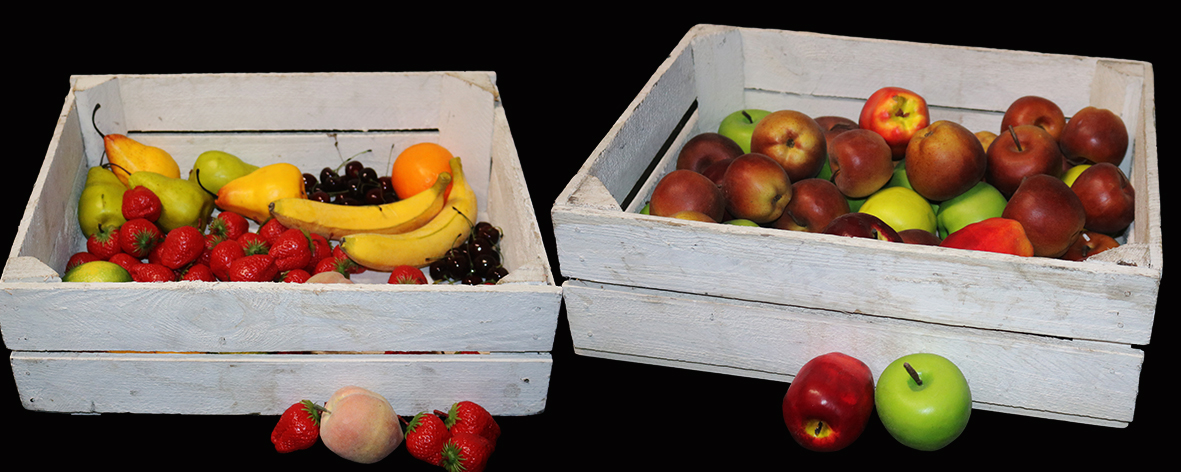 Dekoset Obst & Obstkisten 4tlg Set, 2 Kisten a´ 50 x 40cm, Obst lebensgroß)